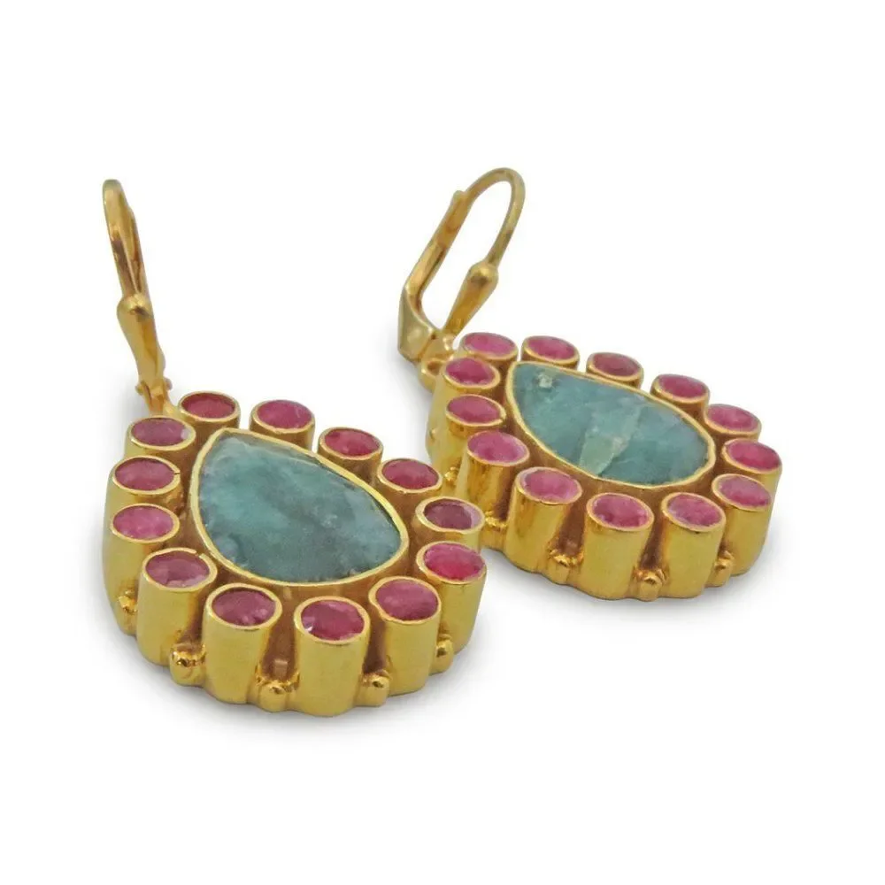 18K Sterling Silver Genuine Emerald-Ruby Gem Stone Earring